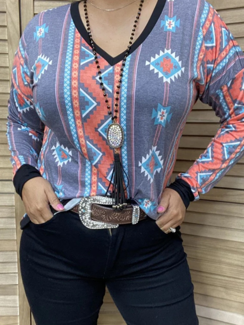 Southern Stitch Multicolor‎ Southwestern V-Neck Top